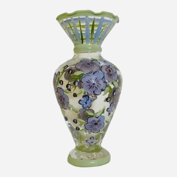 Vintage TRACY PORTER Hand-Painted Glass Bud Vase Purple Flowers Ruffled Rim 6.5” - Picture 4 of 10